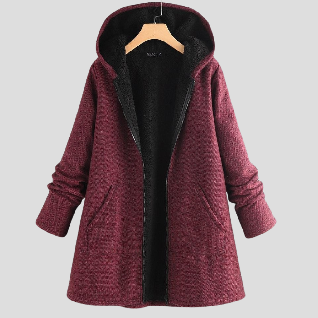 Rode warme fleece winterjas voor dames met capuchon, ideaal voor koud weer en buitenmode.
