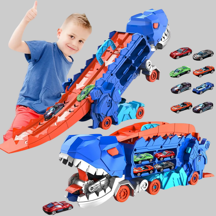 Transformeerbare dino vrachtwagen die uitvouwt tot een spannende racebaan speelset met auto's.