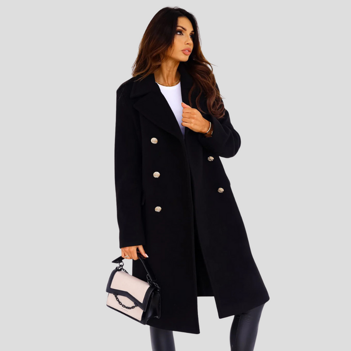 Elegante dubbelrijige damesjas van wolmix voor winter en herfst, perfect voor een chique kantooroutfit.