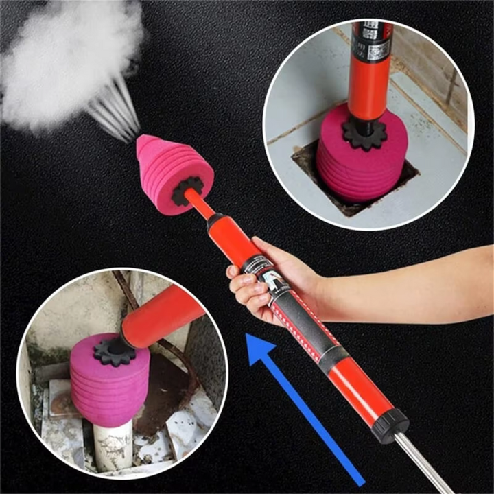 Veelzijdige hogedruk ontstopper set met diverse opzetstukken voor toilet, gootsteen en badkamer.