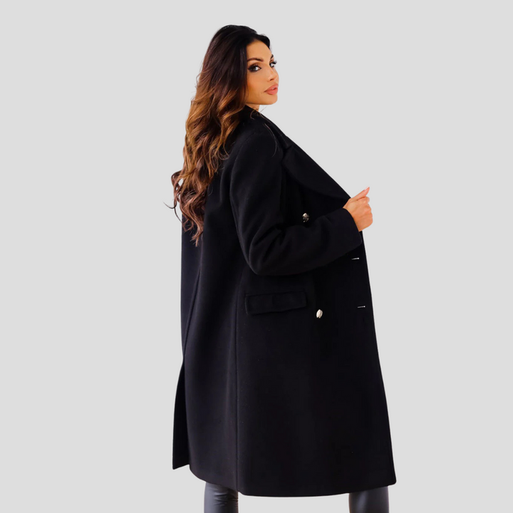 Klassieke dubbelrijige damesmantel van hoogwaardige wolmix, tijdloze outwear voor elegante vrouwenmode.