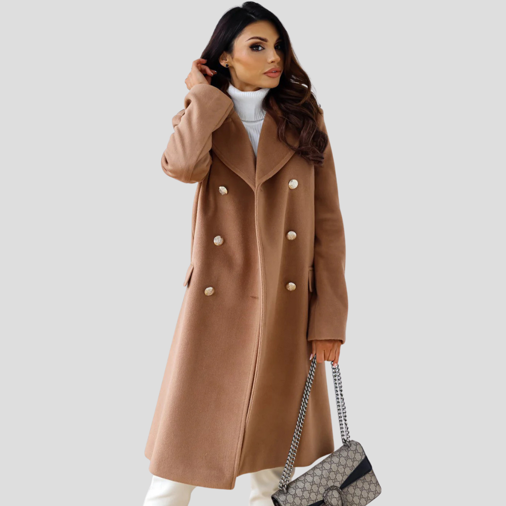 Close-up textuur van de wolmix van de dubbelrijige damesjas, luxe outwear voor herfst en winter.