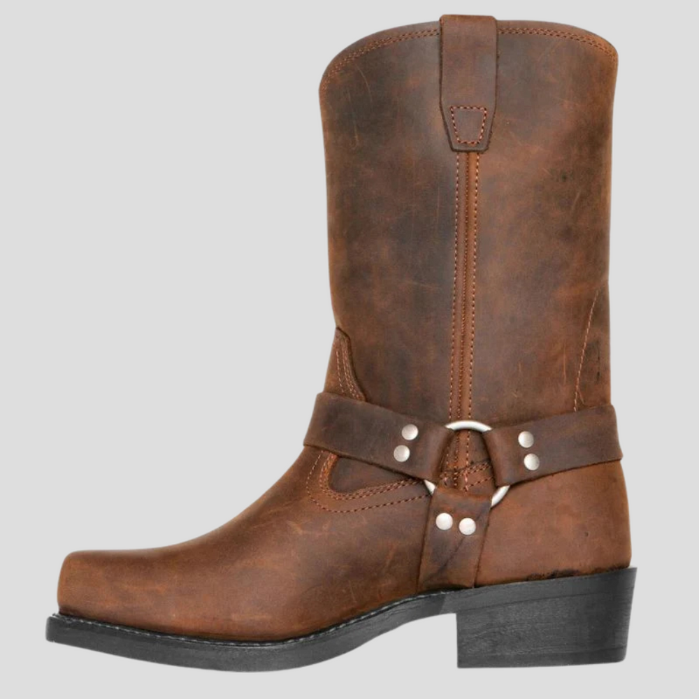 Robuuste heren western laarzen, vintage stijl, gemaakt van hoogwaardig leer met klassieke stiksels.