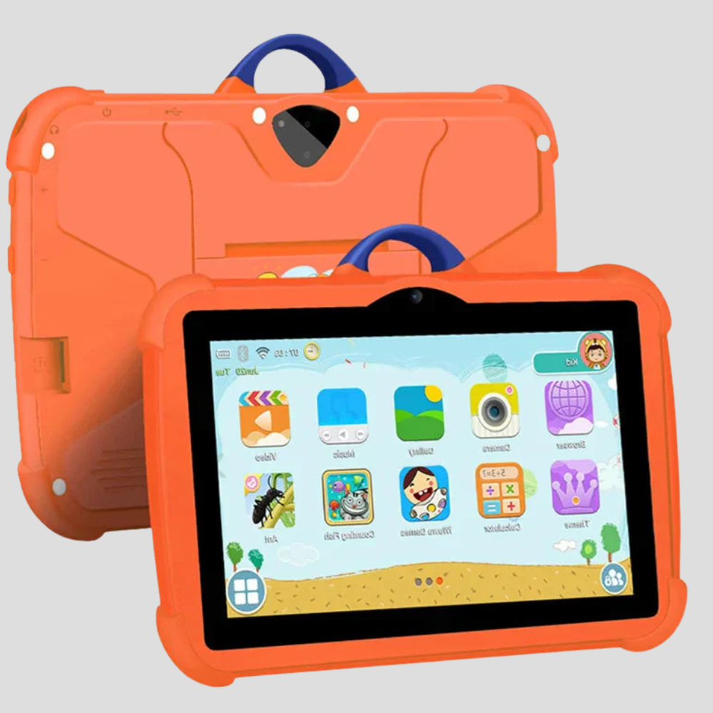 Blij kind speelt veilig met de 7 inch educatieve Android kindertablet, perfect voor leren en entertainment.