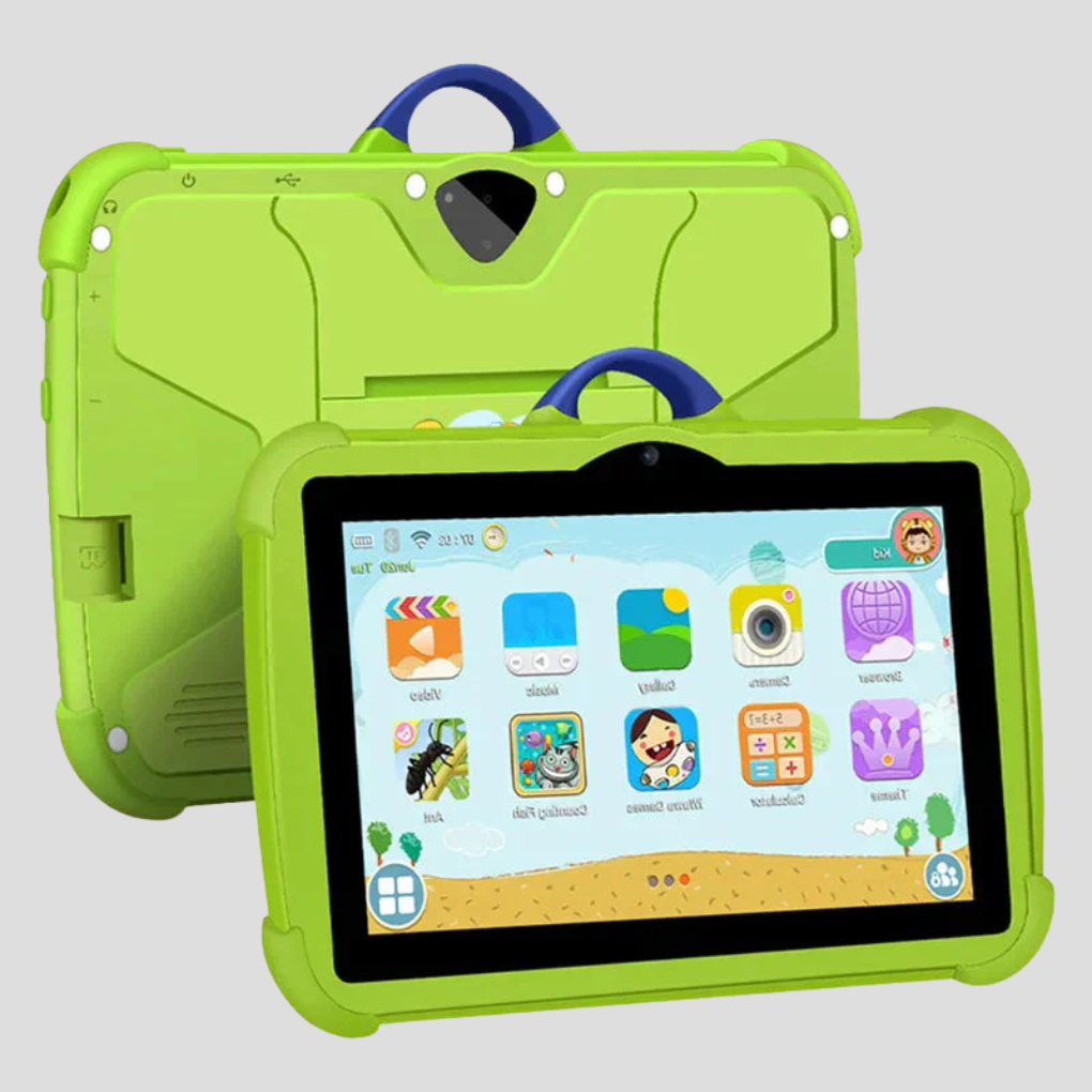 Compacte 7 inch draagbare Android kindertablet, ontworpen voor kleine handen en veilig online plezier.