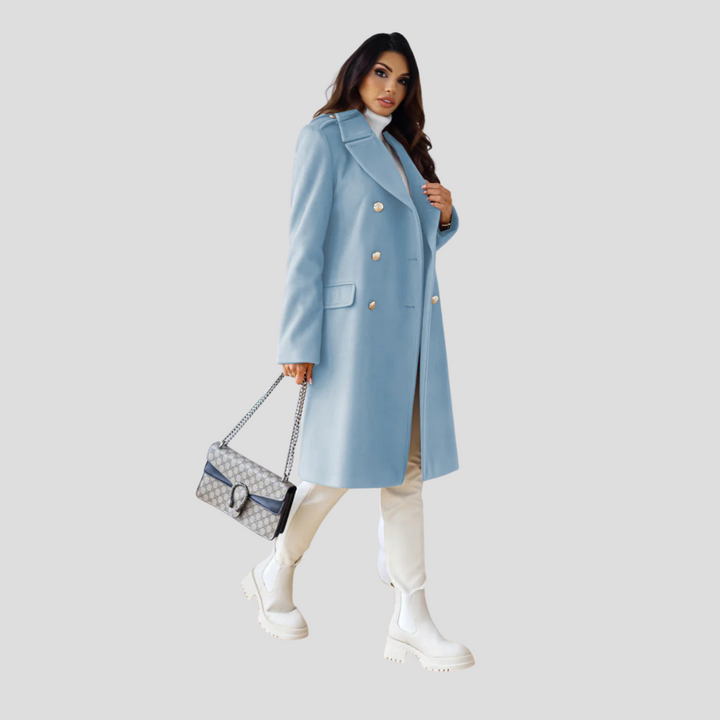 Getailleerde dubbelrijige damesmantel van wolmix, outwear die luxe elegantie toevoegt aan elke outfit.