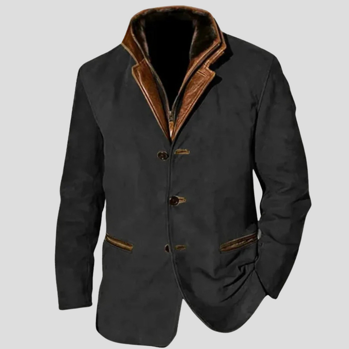 Zwarte vintage herenjas, een moderne interpretatie van klassieke mannenmode, comfortabel en veelzijdig.