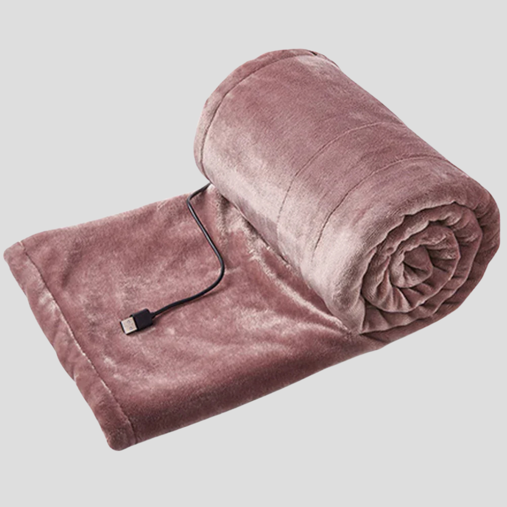 Draagbare USB verwarmde deken voor thuis, kantoor of reizen. Zacht geel plaid voor comfortabele warmte en ontspanning.