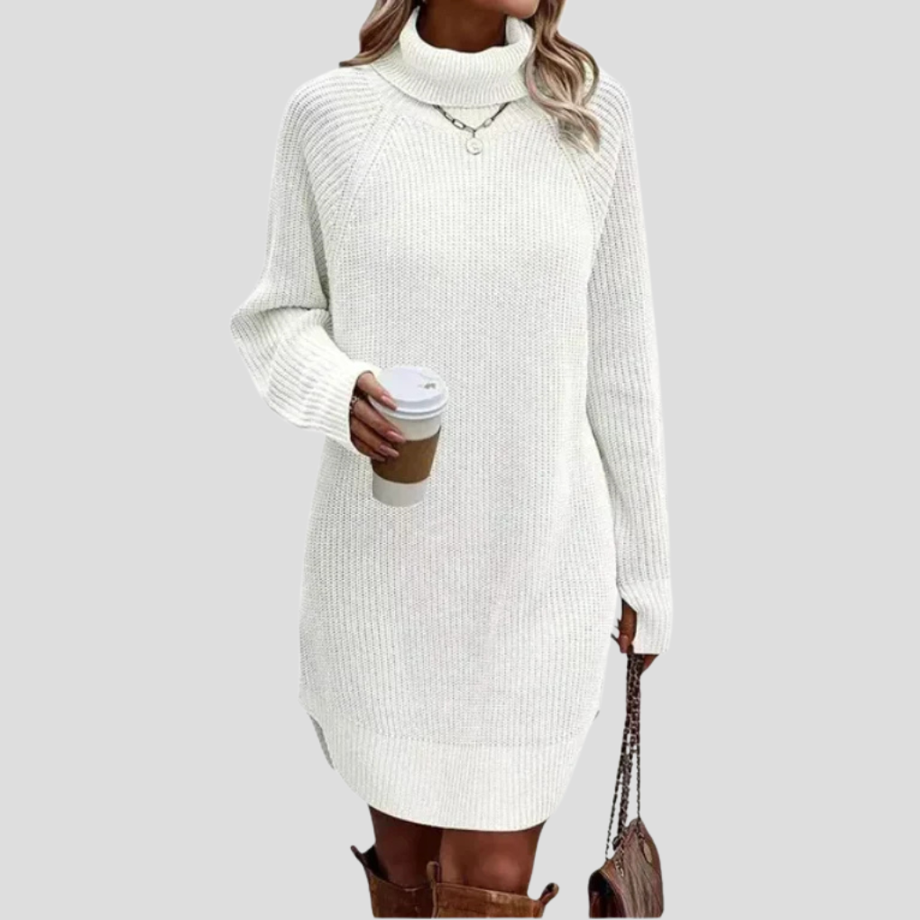 Warme gebreide midi damesjurk, ideaal voor herfst- en wintermode. Comfortabel, elegant en veelzijdig voor elke dag.