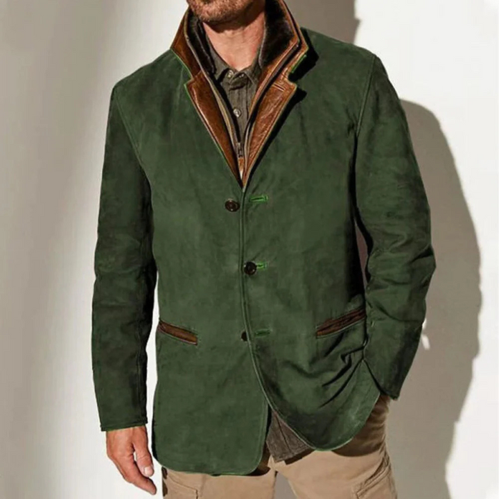 Khaki heren vintage jas, casual doch elegant, met moderne pasvorm, ideaal als lente of herfst tussenjas.