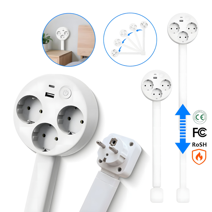 Compacte, uitschuifbare stekkerdoos met USB-C en USB-A opladers, ideaal voor modern wonen en ruimtebesparing.