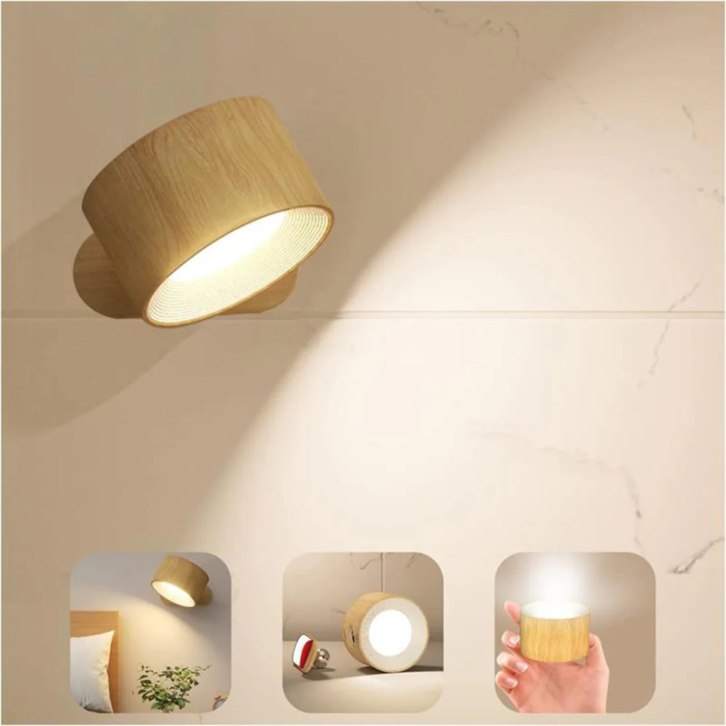 Oplaadbare 360° draaibare LED wandlamp voor flexibele verlichting. Modern en draadloos design, makkelijk te plaatsen.