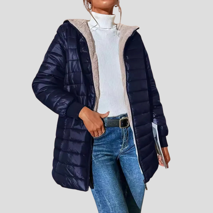 Stijlvolle dames winterjas, gewatteerd design, met handige stormflap, voor een modieuze winterlook.