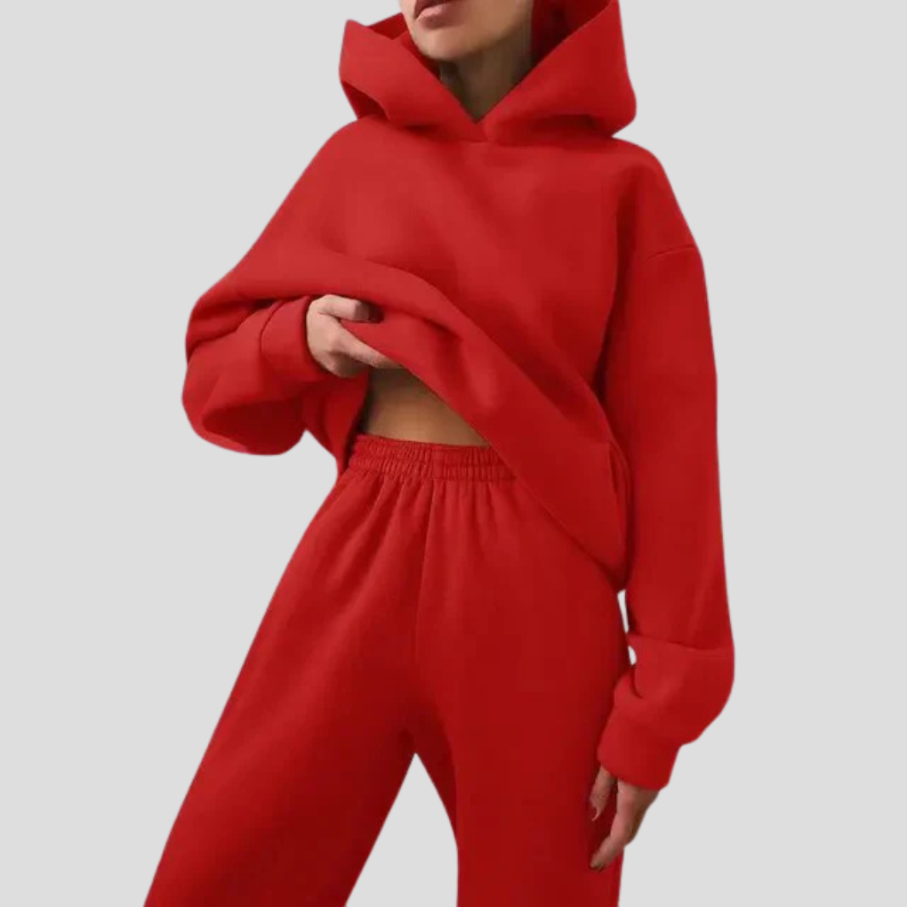 Heerlijk zachte dames loungewear set: hoodie en joggingbroek combinatie voor ultiem comfort.
