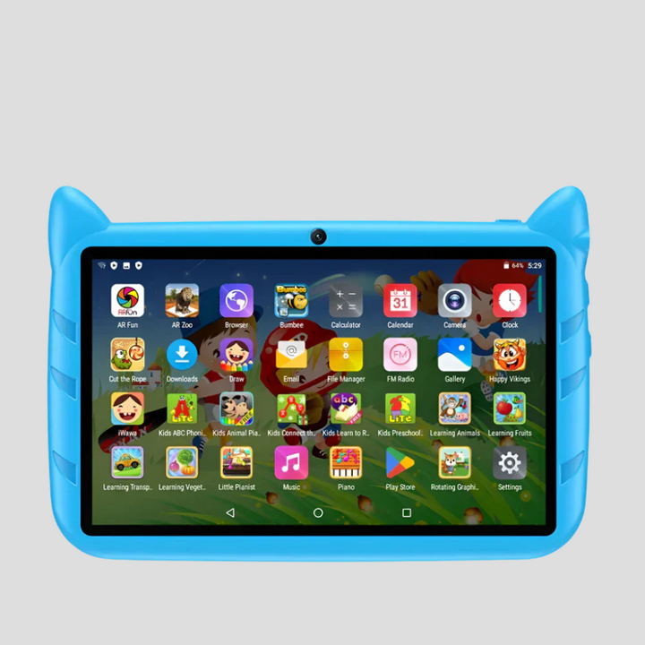 Duurzame 7 inch kindertablet in roze of blauw, met 5G wifi, 4GB RAM, en 64GB opslag voor kinderen.