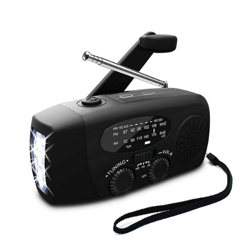 Zelfaangedreven noodradio met solar, handopwinder, powerbank en zaklamp voor preppers en outdoor avonturiers.
