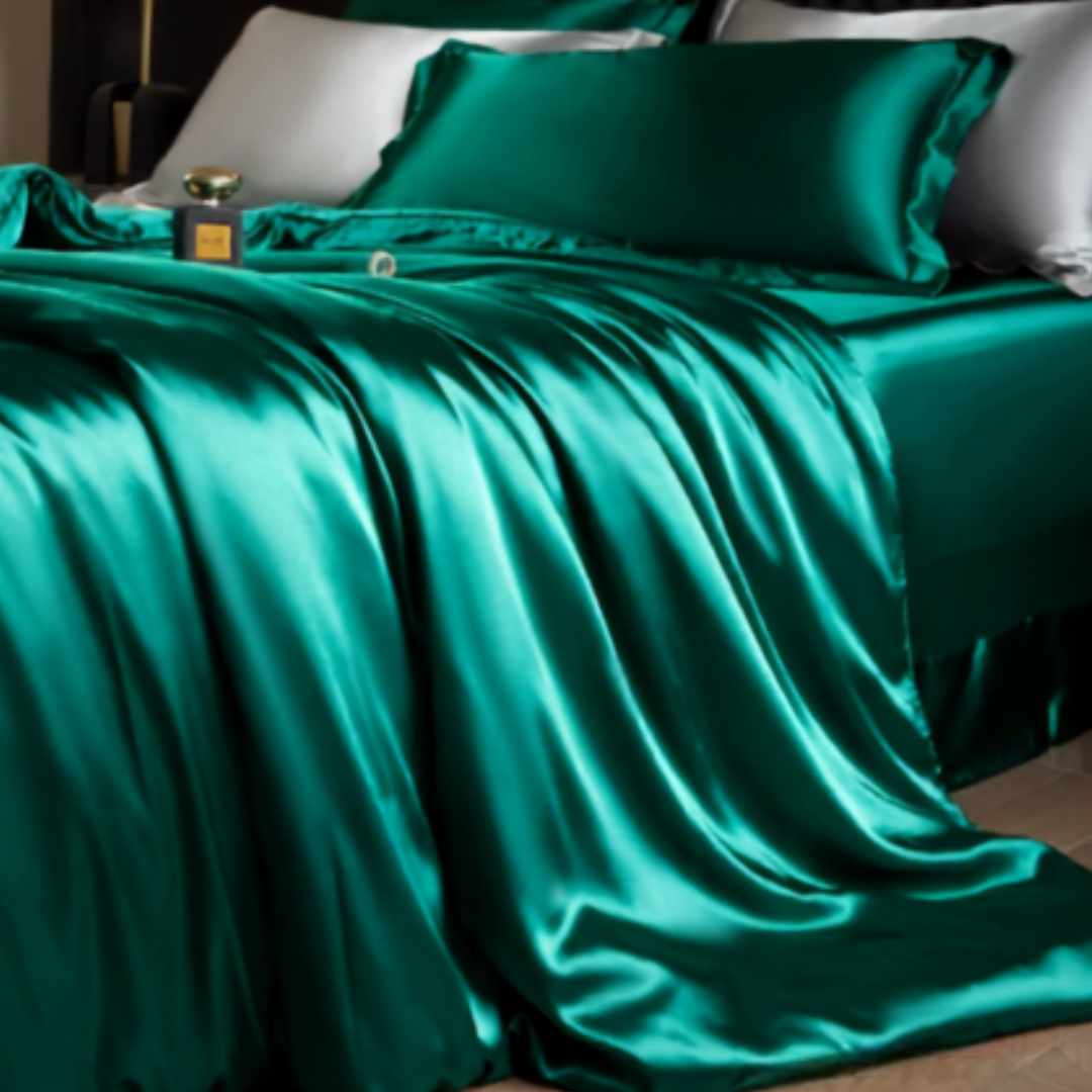 Elegante slaapkamer met luxe zijden bedset; zijdezacht beddengoed van moerbeizijde voor ultiem welzijn.