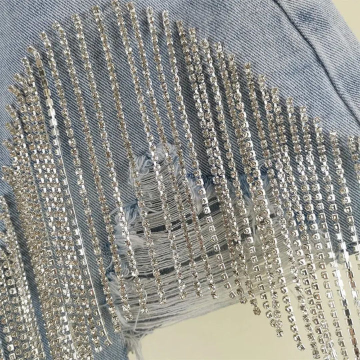 Roze high-waist gescheurde denim shorts met diamanten voor dames, perfect voor festivals en trendy zomerfeesten.