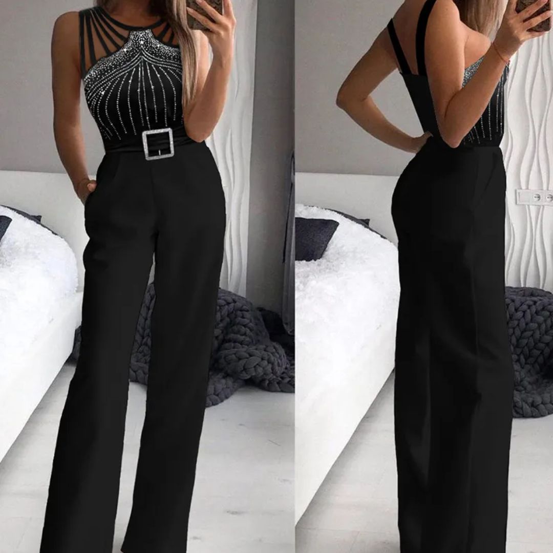 Stijlvolle zwarte dames pailletten jumpsuit; complete elegante avond- of party look. Chique mouwloze outfit.