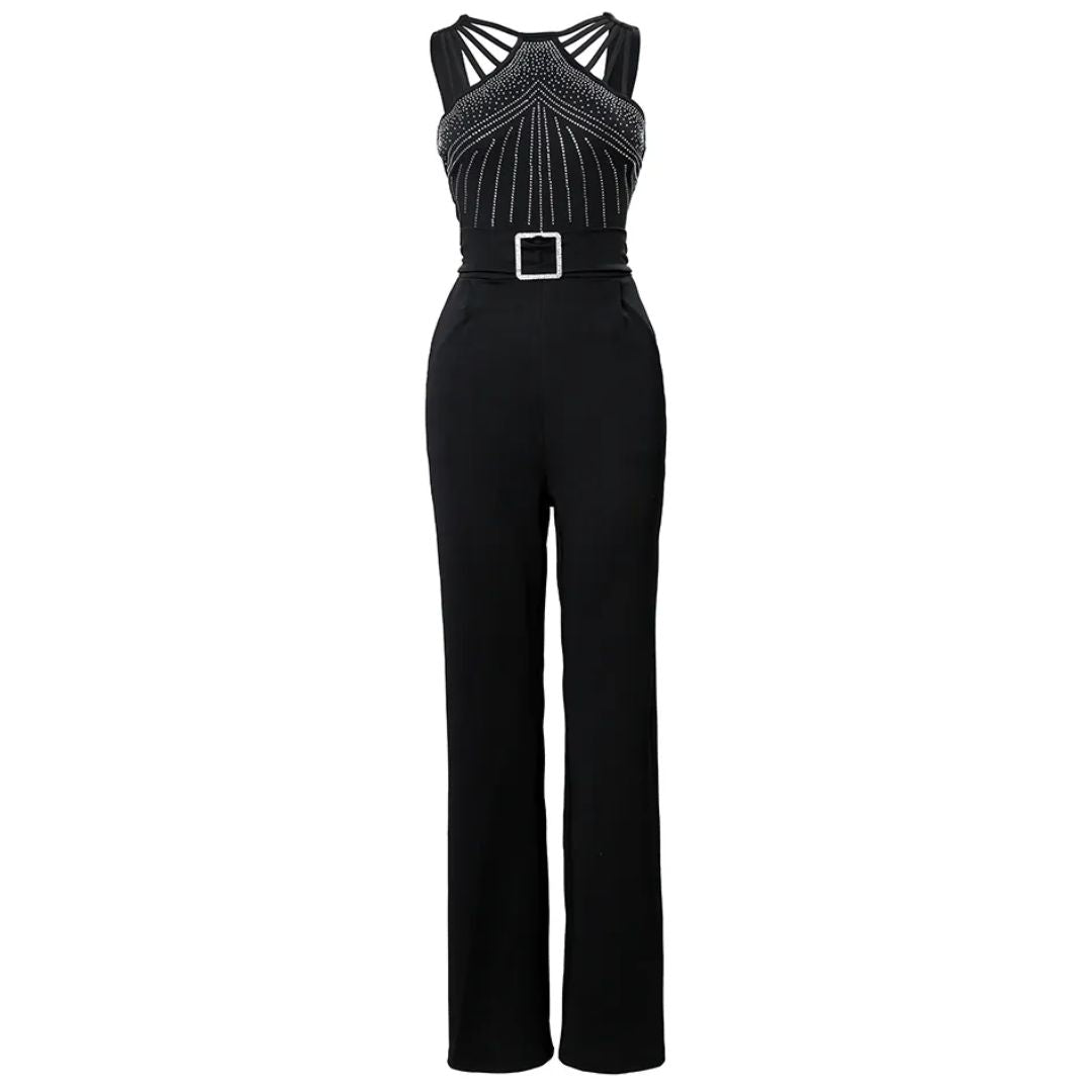 Zwarte dames pailletten jumpsuit met glinsterende stof voor een opvallende avondlook. Glamoureus en mouwloos.