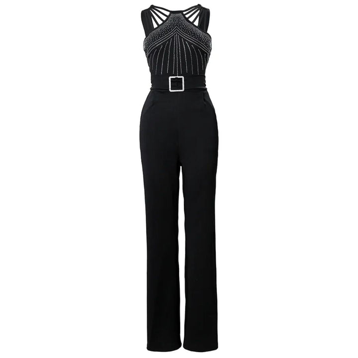 Zwarte dames pailletten jumpsuit met glinsterende stof voor een opvallende avondlook. Glamoureus en mouwloos.