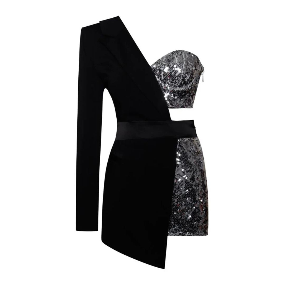 Elegante korte jumpsuit Kate met zilveren pailletten, comfortabele feestplaysuit voor dames.