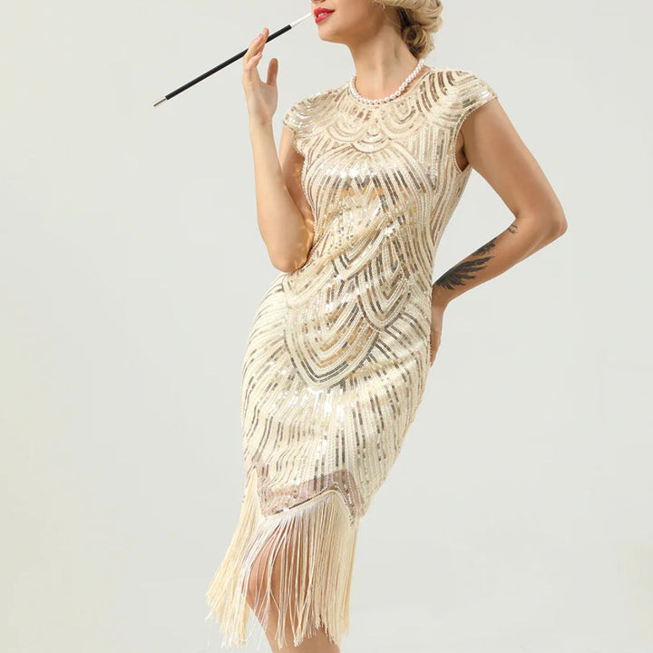 Gatsby stijl glitterjurk voor dames, een elegante avondjurk met pailletten en vintage flair voor feesten.