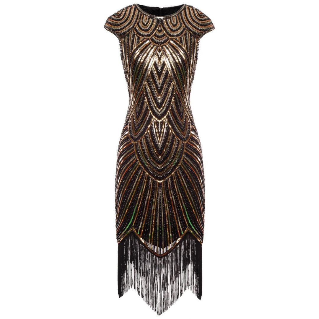 Schitterende dames glitterjurk met pailletten, elegante avondjurk in Gatsby stijl met korte mouwen.