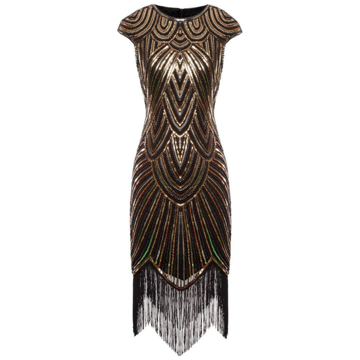Schitterende dames glitterjurk met pailletten, elegante avondjurk in Gatsby stijl met korte mouwen.