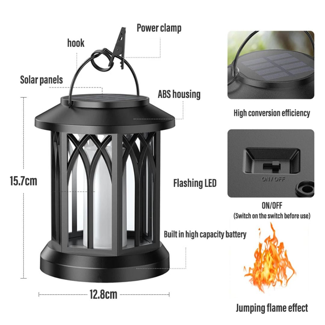 Zonne-vlamlamp op paal voor buiten. Waterdichte en winddichte tuinlamp met realistisch vlameffect.