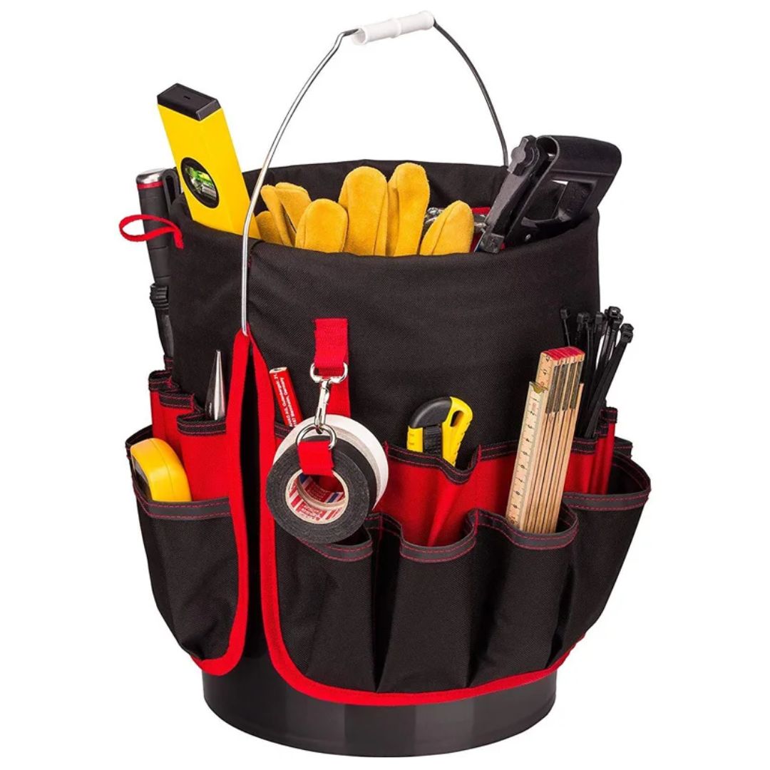 Compacte en duurzame universele emmer organizer, ideaal voor het organiseren van tuingereedschap.