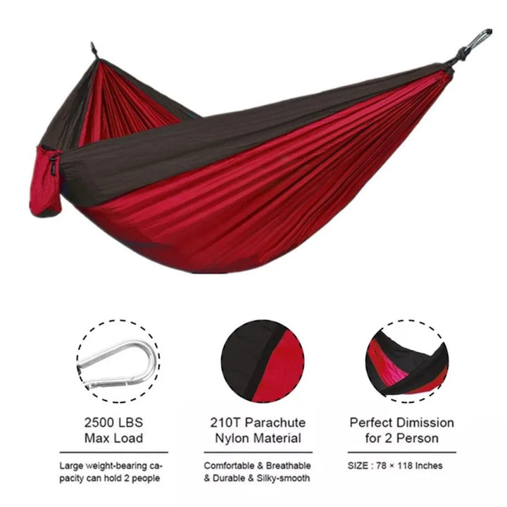 Eenvoudig op te hangen nylon hangmat, snel geïnstalleerd voor ontspanning tijdens kamperen.