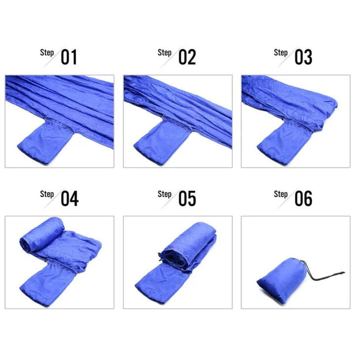 Levendige blauwe nylon hangmat, perfect voor tuin, kamperen of vakantie; voegt kleur toe.
