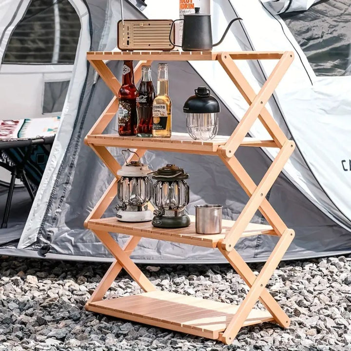 Opvouwbaar houten rek, perfect voor ruimtebesparende opbergruimte in woonkamer of kantoor.