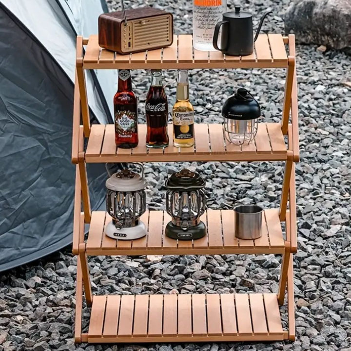 Uitgeklapt opvouwbaar houten rek met drie stevige planken, klaar voor veelzijdig gebruik.