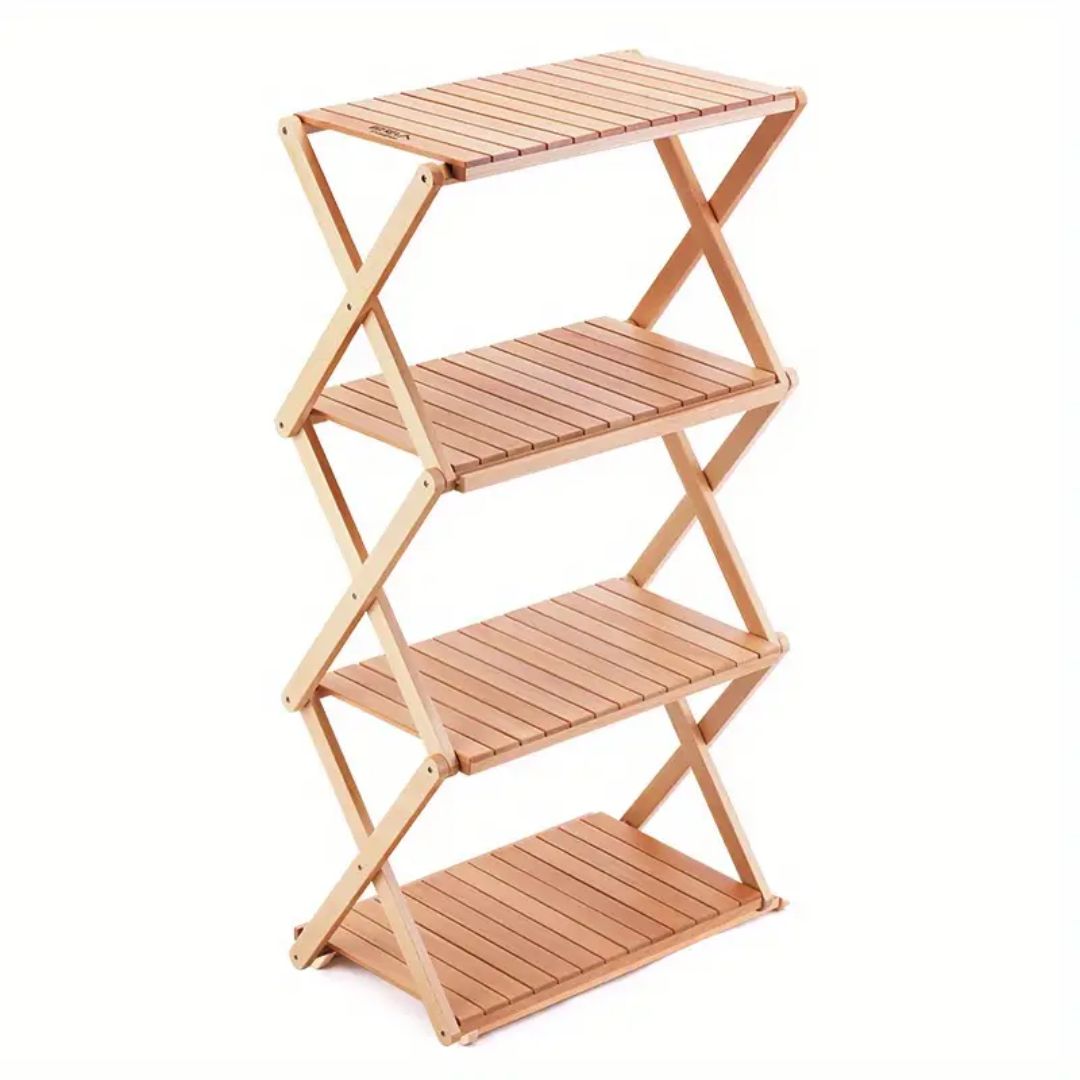 Multifunctioneel opvouwbaar boekenrek van hout, houdt boeken georganiseerd en binnen handbereik.