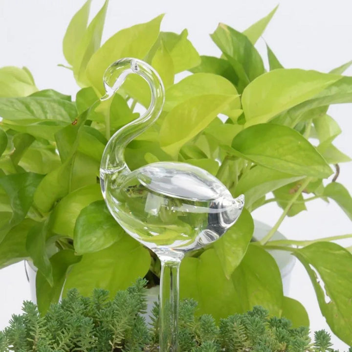 Decoratieve glazen watergever, automatisch systeem voor zorgeloze plantenverzorging en modern interieur.