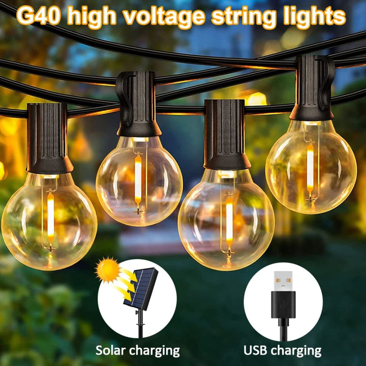 Close-up van sfeervolle zonne lichtslinger. Warme LED gloed voor gezellige buitenavonden.