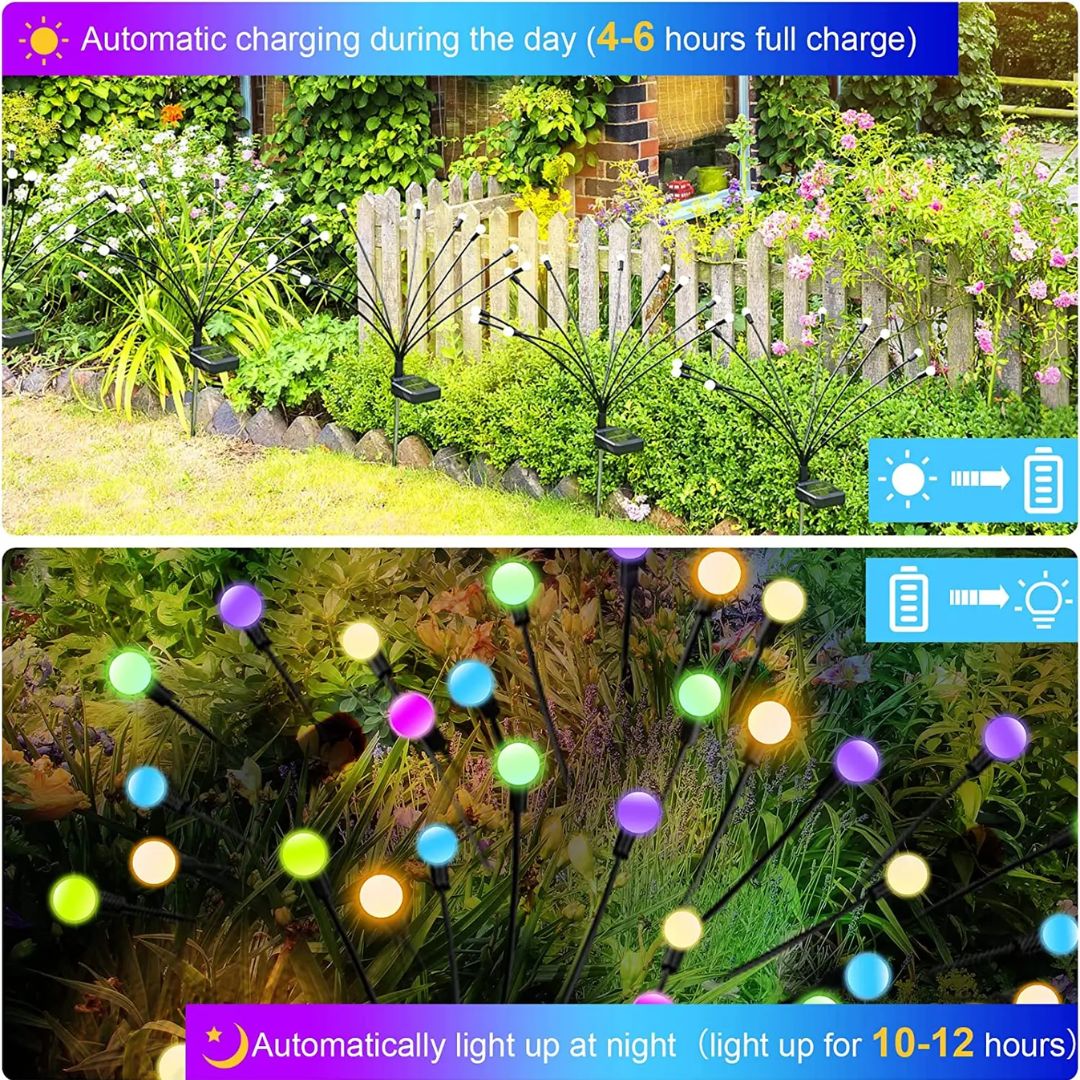 Magische vuurwerk tuinlamp met warmlicht, zonne-energie LED verlichting in de avondtuin.