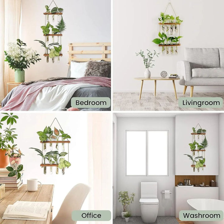 Wandgemonteerde reageerbuis plantenbak met groene stekjes; modern design voor interieurdecoratie.