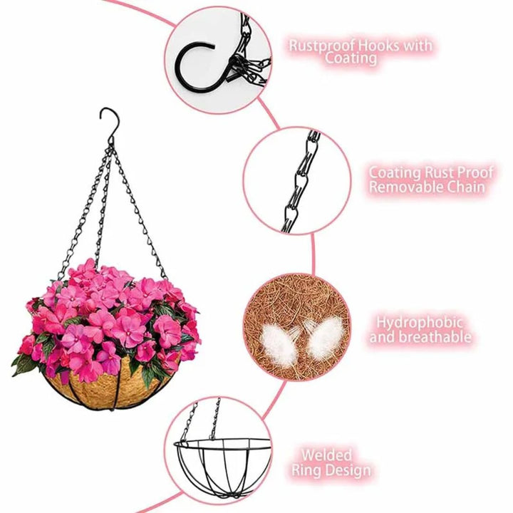 Decoratieve hangmand van metaal en kokos, uitermate geschikt voor groene planten als woonaccessoire.