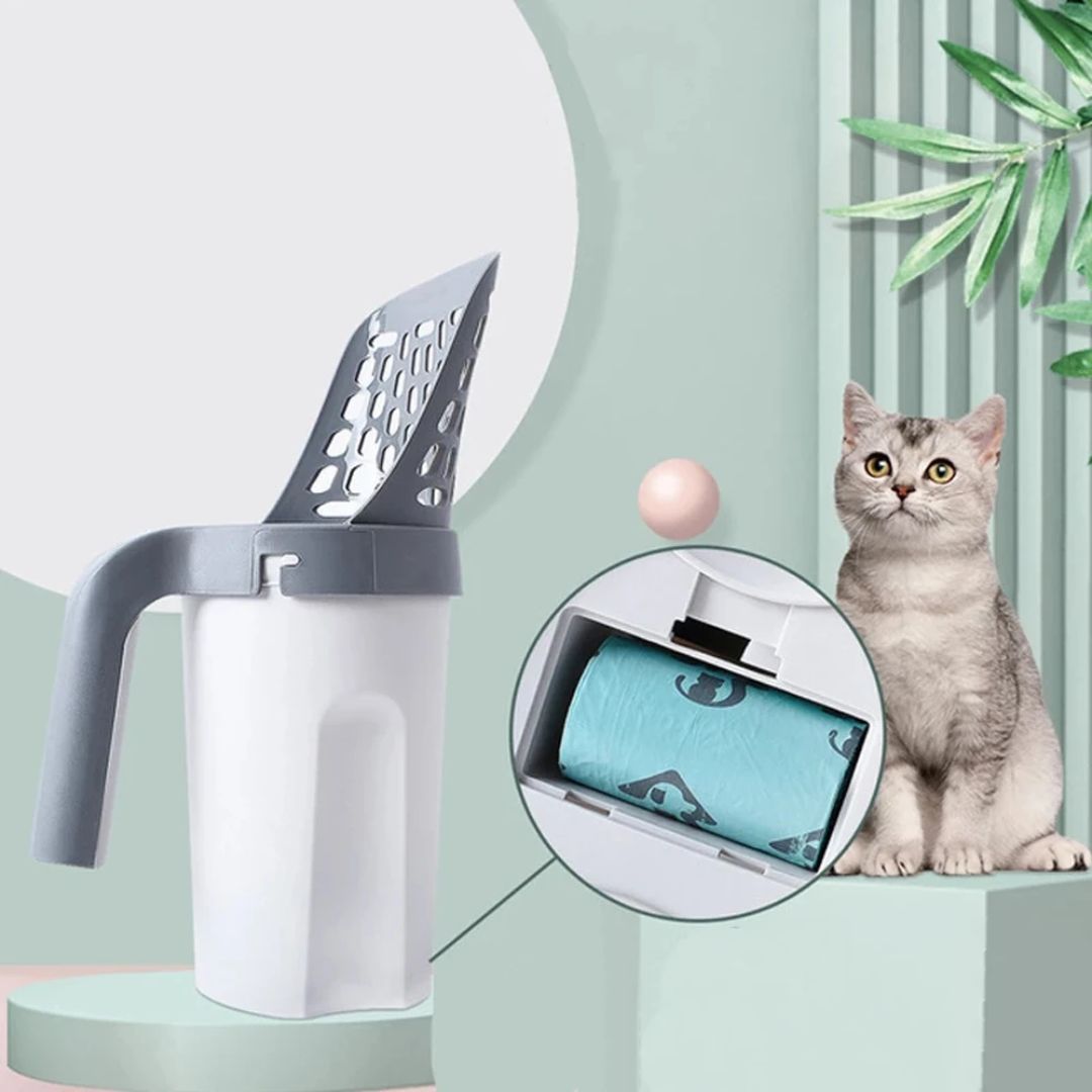 Slimme kattenbak schep met geïntegreerde afvalbak en zeef voor hygiënische verwijdering van kattenafval.