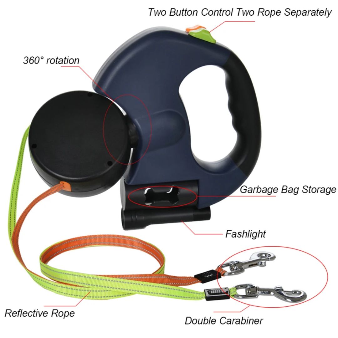 Compacte dubbele hondenriem voor twee honden, met uitschuifbaar systeem en handige ingebouwde zaklamp.
