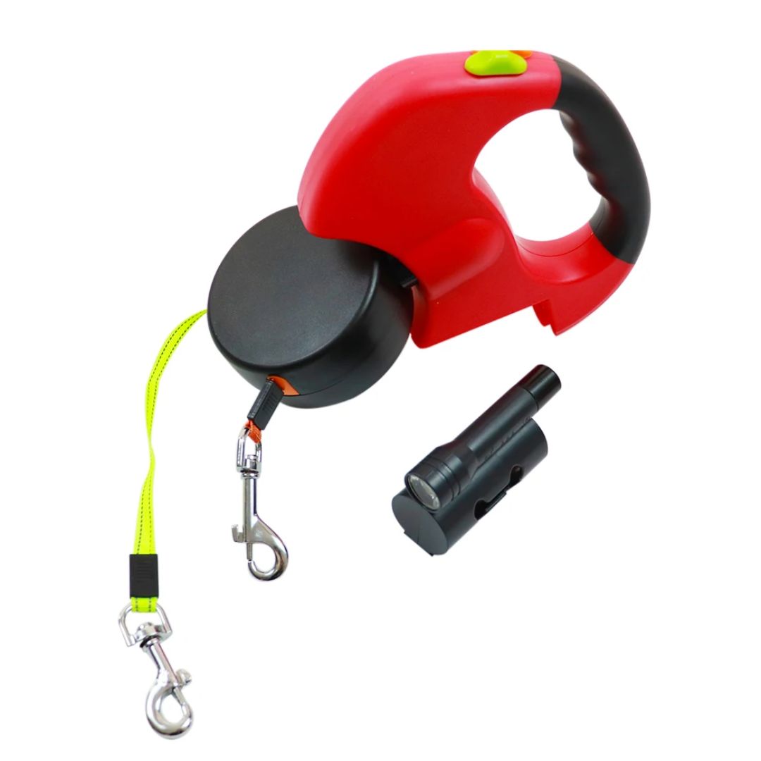 Uitschuifbare hondenriem met 360° draaiend anti-klit ontwerp voor twee honden en comfortabele grip.