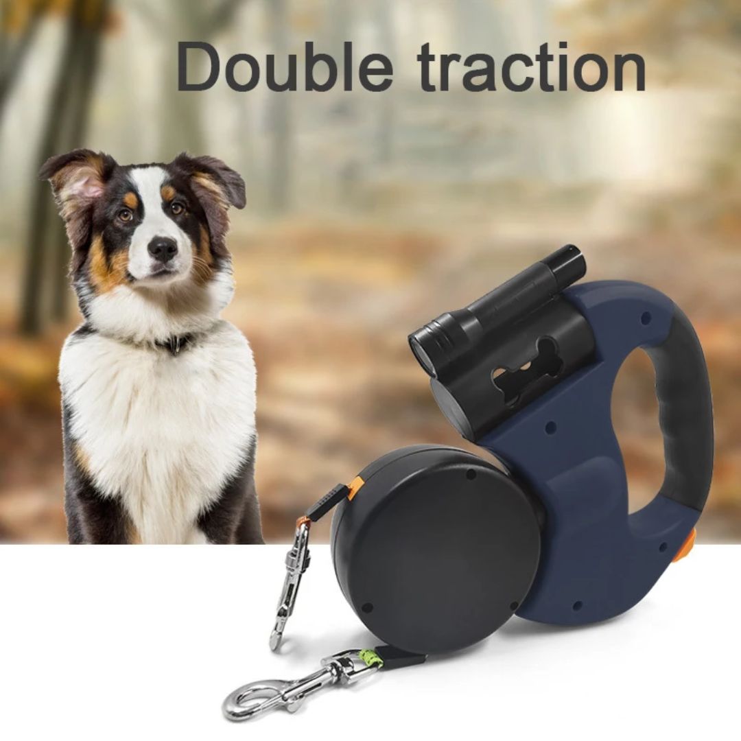 Accessoire voor honden: uitschuifbare dubbele riem, perfect voor gelijktijdig uitlaten van twee honden.