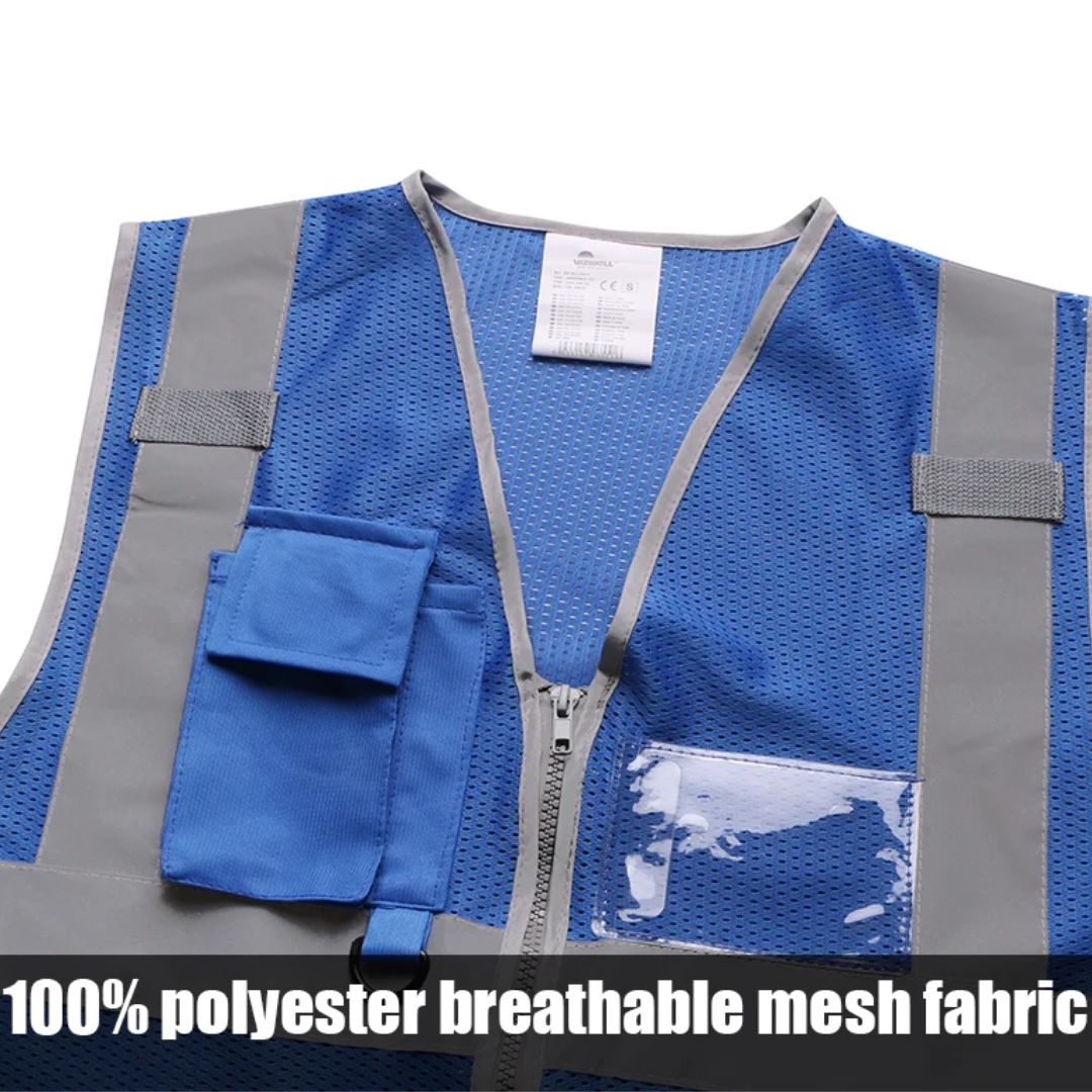 Model draagt unisex veiligheidsvest, demonstreert comfort en de effectiviteit van hoge zichtbaarheid.