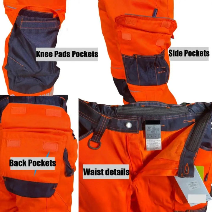 Functionele heren werkbroek, reflecterende veiligheidskleding voor betere zichtbaarheid en bescherming op het werk.