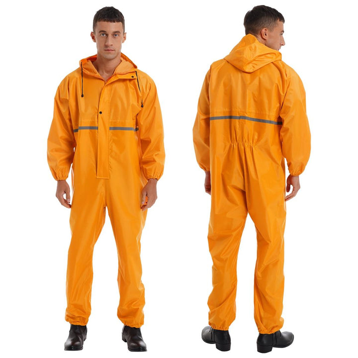 Heren veiligheidsoverall met capuchon; waterdicht, reflecterend voor optimale zichtbaarheid en bescherming buiten.