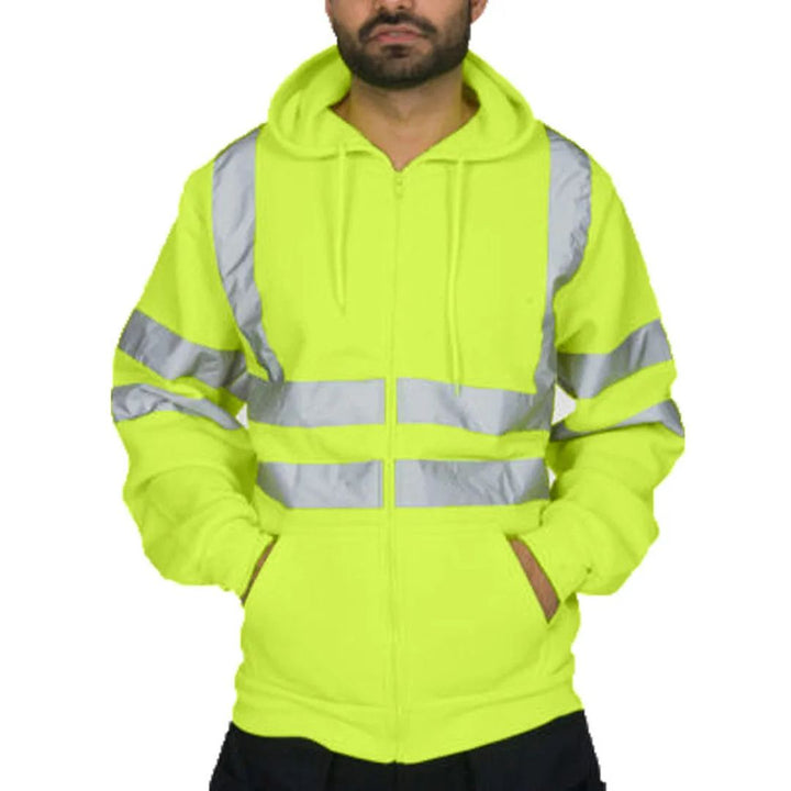Groene reflecterende werkkleding hoodie, optimale zichtbaarheid en bescherming voor werkers.