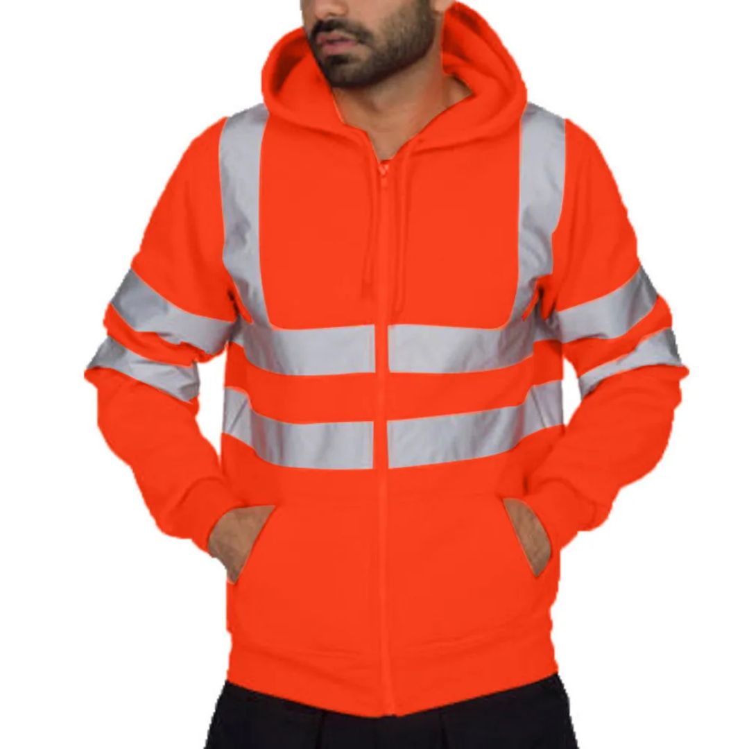 Unisex zwarte veiligheidshoodie, reflecterende details; modern en veilig voor elke werkplek.
